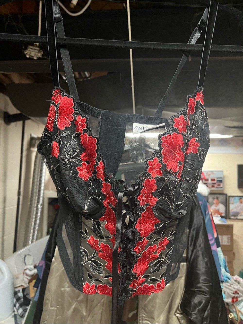 Black Bustier Top with Red Floral Embroidery Size 38D